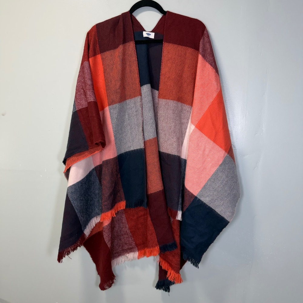 Old Navy‎ Womens Plaid Open Front Poncho Wrap Shawl Red Blue Fringe One Size